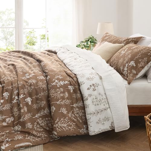 Bedsure King Comforter Set - Brown Bed Set, 3 Pieces Cute Floral Bedding, 1 Soft Reversible Botanical Flowers Comforter and 2 Pillow Shams Bedsure