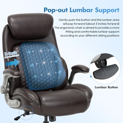 COLAMY Office Ergonomic Desk High Back Executive Chair with Pop-Out Lumbar Support, Upgraded Casters, Adjustable Headrest, Flip-Up Arms, Leather Home with Thick Cushion for Comfort - Brown COLAMY