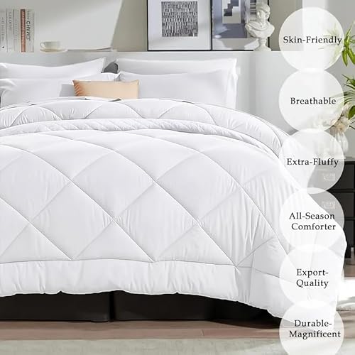 KHC Cotton Comforter White Down Alternative Duvet Insert 100% Percale Cotton, Quilted Fluffy 400GSM Comforter Lightweight All Season Durable Breathable Noiseless (WHITE, King/Cal.King(90"X104")) Kamas Home Collection