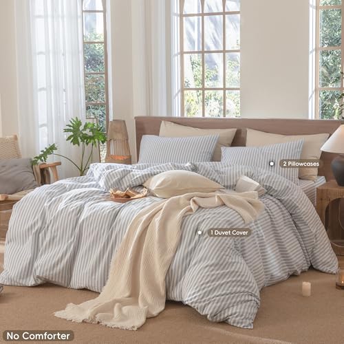 MooMee Striped Duvet Cover Set 100% Washed Cotton Linen Like Textured Breathable Durable Soft Comfy (Cornflower Blue White Classic Stripes, King 104"x90") MooMee