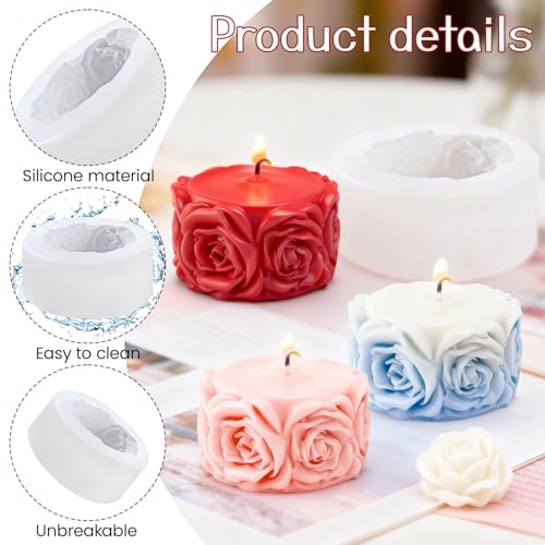 Rose Flower Column Candle Molds Flower Shape Silicone Candle Molds Cylinder Resin Casting Mold Silicone Flowers Rose Mold for Candles Making DIY Polymer Clay Craft Plaste Valentine Mother Day