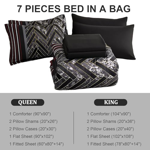 Luxudecor Black and Red Comforter Set Queen Size, 7 Pieces Stripe Geometric Bed in a Bag, Marble Comforter and Sheet Set, Soft Microfiber Complete Bedding Sets for All Seasons Luxudecor