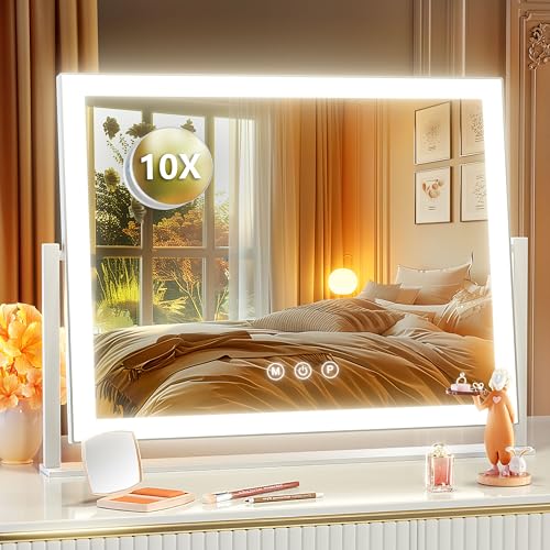 Gvnkvn Lighted Makeup Mirror, 17.3"x13" Hollywood Vanity Mirror with Led Lights, Three Color Lighting Modes, and 10X Magnification Mirror, Smart Touch Control, 360°Rotation (White, Gift Box) Gvnkvn
