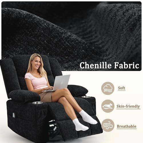 Korser Adult 360° Rotating Recliner with Massage and Heating Functions, Cup Holder and Manual Tilt Mechanism, Suitable for Living Room and Bedroom (Fabric, Black)