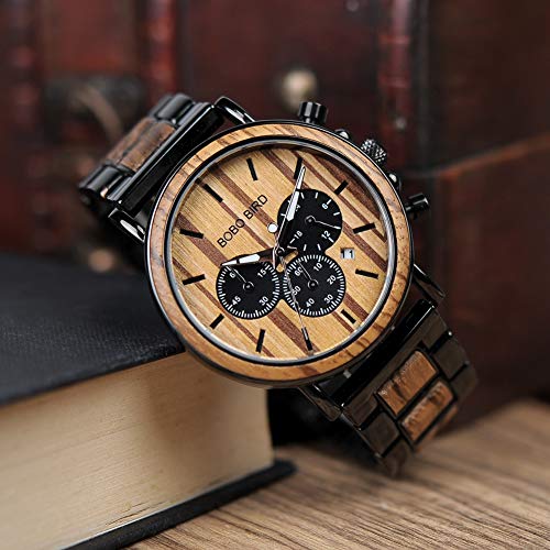 BOBO BIRD Wooden Mens Watches Large Size Stylish Wood & Stainless Steel Combined Chronograph Military Quartz Watch (Balck Wood Band) BOBO BIRD