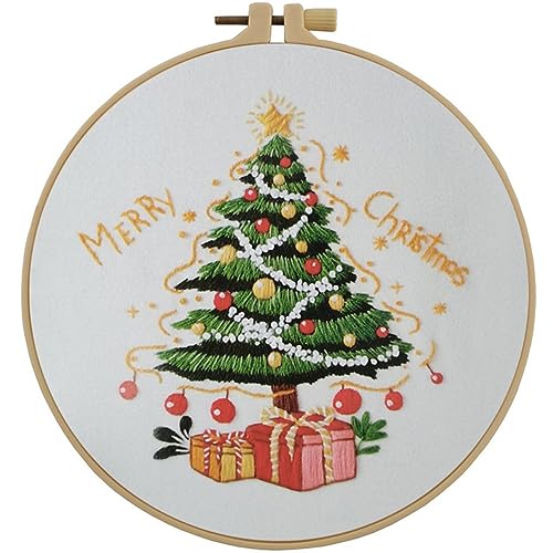 Esffaci Embroidery Starter Kit for Adult Beginner with Xmas Tree Pattern Stamped Cross Stitch Set with Embroidery Cloth Hoop Needle Threader Embroidery Floss and Instruction