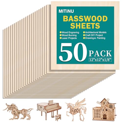 MITINU 50 Pack Basswood Sheets for Crafts,12"x12"x1/8" 3mm Thick Plywood Sheets with Smooth Surfaces-Unfinished Squares Wood Boards for Laser Cutting, Wood Burning, Architectural Models, Staining MITINU