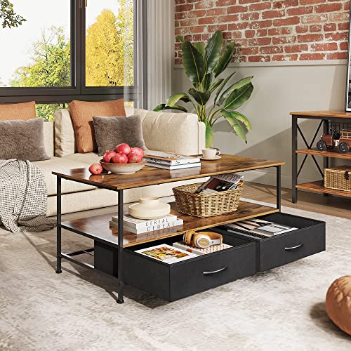 WLIVE Coffee Table with Storage, 2-Tier Rectangle Wood Coffee Table for Living Room, Modern Industrial Center Table with 2 Drawers and Open Shelf, Living Room Table for Home, Office, Rustic Brown WLIVE