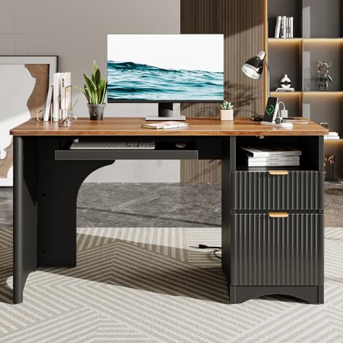 Bestier Computer Desk with Keyboard Tray, 55 inch Office Desk with Power Outlet, Modern Home Office Desk with File Drawer (Walnut with Black, 55" W with Single-Sided Drawers) Bestier