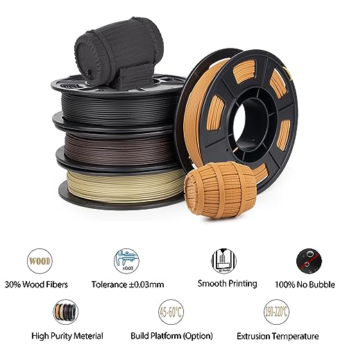 iSANMATE 3D Printer Filament Bundle, Pla Filament Wood Filament, White Pine Wood, Sandal Wood, Yellow pear Wood and Ebony Wood Filament 1.75mm, 250g X 4 Pack,(20% Wood Powder+80% PLA+) iSANMATE