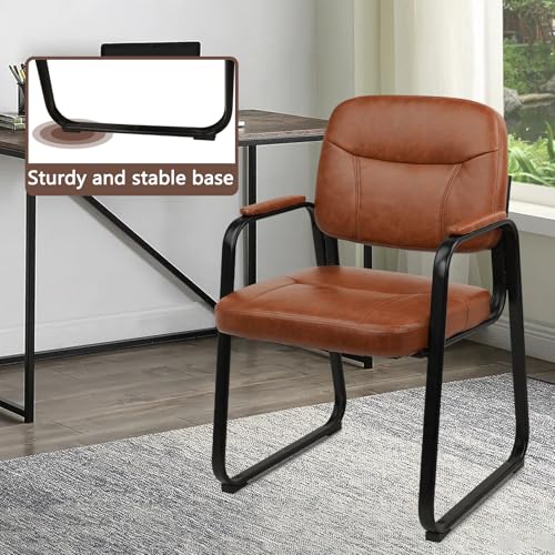 CLATINA Waiting Reception Chairs No Wheel, Leather Guest Chair with Padded Arms, Modern Brown Office Desk Chairs with Sled Base for Office Meeting Conference Room Lobby Home Living Room (4 Pack) CLATINA