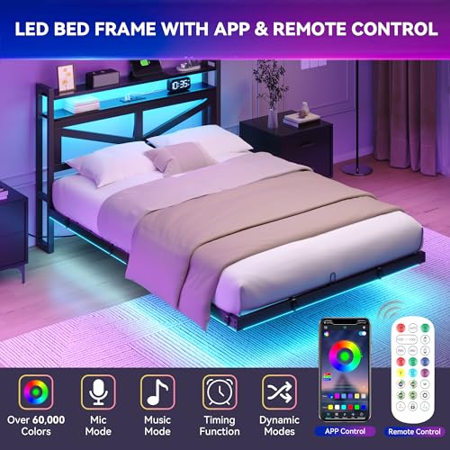 YITAHOME Twin Size Floating Bed Frame with USB Charging Station Storage Headboard and with Led Light, Heavy Duty Metal Platform Bed Frame, No Box Spring Needed, Easy Assembly and Noise Free, Black YITAHOME