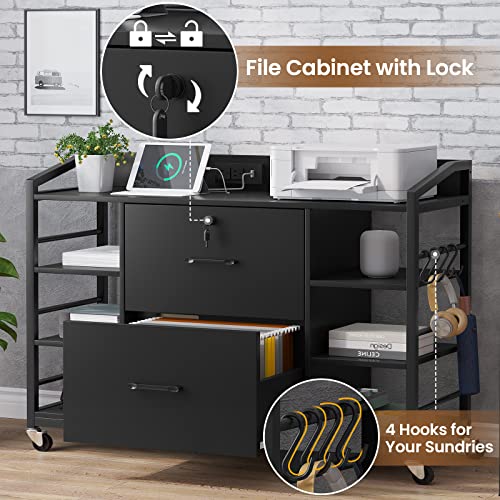 SEDETA 44" File Cabinet, Filing Cabinet fits Legal/Letter Size, 2 Drawer File Cabinets for Home Office with Lock, Power Strip, 6 Storage Shelves, Rustic Brown SEDETA