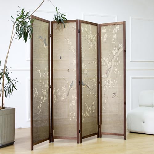 Furnnylane 4 Panel Room Divider Screen and Folding Panel Screen,Double Sided Bamboo Divider for Room Separation,White Plum and Birds,67" H x 63" W,67" H x 63" W Furnnylane