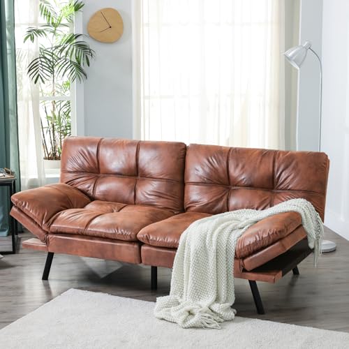 Opoiar Leather Futon Sofa Bed,Convertible Memory Foam Couch Bed,Futon Sets Daybed with Mattress Included,Folding Modern Sleeper Sofa Love seat for RV Car Living Room&Bedroom Small Space,Brown Opoiar