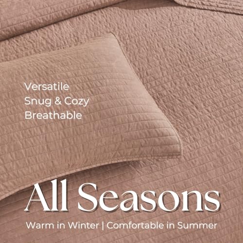 DOWN HOME Queen Quilt Bedding Set with Shams, Vintage Washed Soft Quilted Blanket Thin Comforter Lightweight Bedspread Coverlet Bed Cover, Brushed Microfiber Stripe Stitching, Desert Blush, 86"x90" DOWN HOME