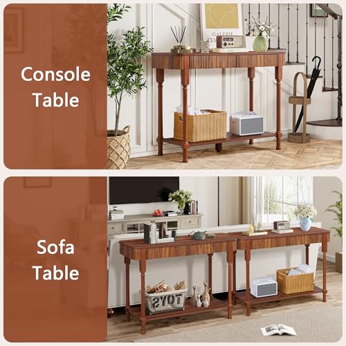MAHYIZYI Fluted Console Table for Entryway, 43.3'' Narrow Entryway Tables with 2 Wooden Drawers, Retro Sofa Table Behind Couch Accent Tables for Foyer, Living Room, Hallway (Walnut) MAHYIZYI