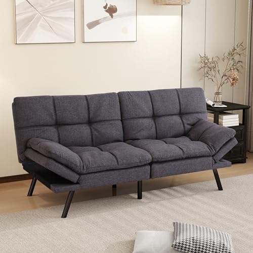 MUUEGM 71" Futon Sofa Bed, Comfortable Memory Foam Futons Sofa with Adjustable Backrest & Armrests, Convertible Loveseat Futon Bed for Compact Living Room, Apartment, Office, Medium Grey MUUEGM