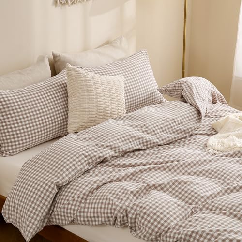 TOCOMOA Tan Gingham Duvet Cover Bedding Set 100% Washed Cotton Like Linen Feel Super Soft Comfy 3 Piece Brown Vintage Plaid Checkered Fall Comforter Cover Set (Queen 90"x90", Comforter Not Included) TOCOMOA