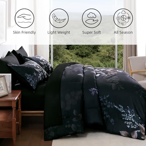 Xruibed Black Comforter Set King Size 7 Pieces Bed in a Bag, Botanical Floral Print Bed Sets, Elegant Flower Comforter with Sheet Set, Soft Microfiber Bedding Set for All Season (Black, 104"x90") Xruibed