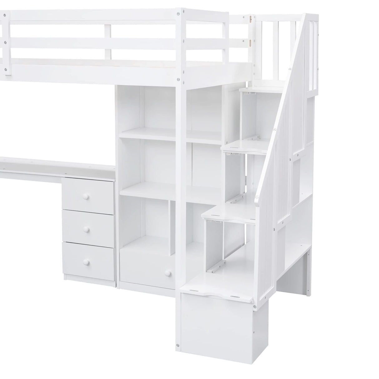 Modern Multi-Functional Twin Size Loft Bed with L-Shaped Desk, Drawers, and Storage Staircase in White Hlcodca