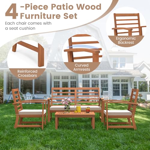 Tangkula 4 Pieces Outdoor Furniture Set, Acacia Wood Conversation Set w/Soft Seat Cushions, Stable Acacia Wood Frame, Patio Sofa & Coffee Table Set for Backyard, Porch, Poolside (White) Tangkula