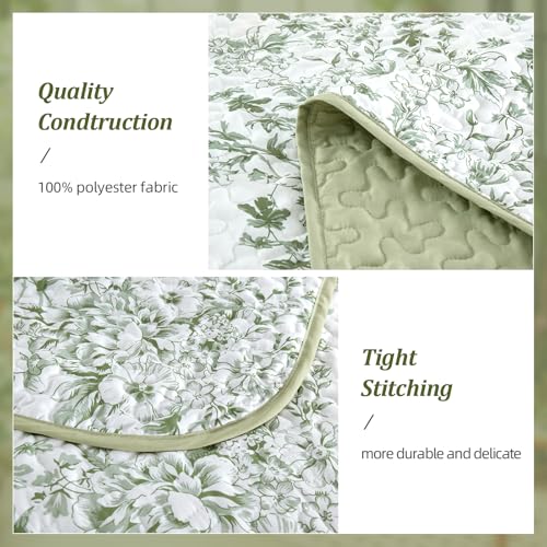 WONGS BEDDING Quilt King Size, Sage Green Quilt Bedding Set with 2 Pillowcases, Botanical Quilt for King Bed, Soft Microfiber Lightweight Coverlet Bedspread for All Season (110"×90", 3 Pieces) WONGS BEDDING