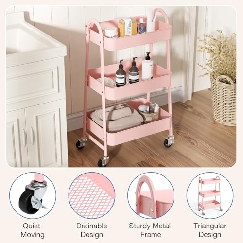 OLIXIS 3 Tier Utility Rolling Cart, Metal Mobile Storage Shelf with Lockable Caster Wheels, Organization for Livingroom, Bathroom & Narrow Places, Pink OLIXIS