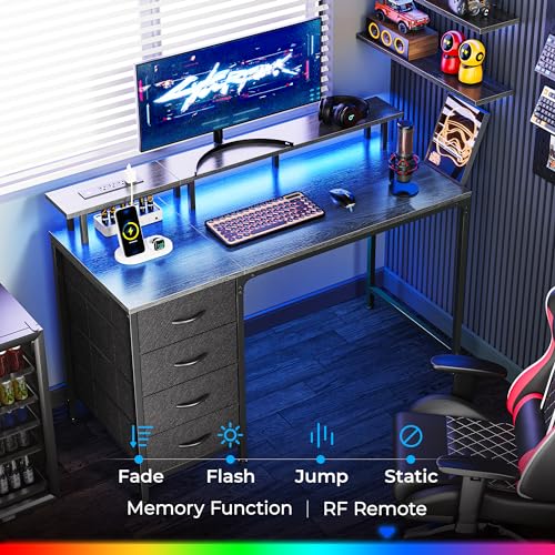 Huuger 47 Inch Computer Desk with Power Outlets and LED Lights, Gaming Desk with 4 Drawers, Office Desk with Monitor Stand, Study Desk Work Desk for Home Office, Small Spaces, Gray Huuger