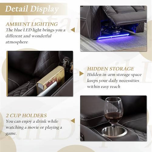 TUNYI Home Theater Recliner Chair - Power Recliner Sofa Chair with Adjustable Headrest Faux Leather Reclining Chair with USB/Storage/LED Light/Cup Holder (Brown, 1 PC)
