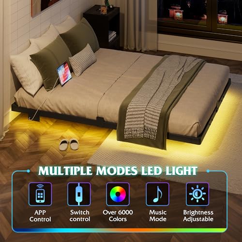 WLIVE Floating Full Bed Frame, 1500Lbs Heavy Duty Metal Platform with LED Light and Charging Station, No Box Spring Needed, Easy Assembly, No Noise, Full Size, Black WLIVE