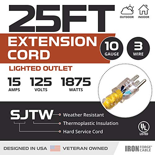 Iron Forge Cable 10 Gauge Extension Cord 25 ft, 10/3 Heavy Duty Extension Cord Outdoor 3 Prong, Weatherproof Yellow Power Cable 15 AMP Great for Major Appliances, US Veteran Owned IRON FORGE CABLE