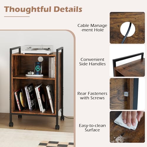 LOKO Record Player Stand with Charging Station, 3-Tier Vinyl Turntable Stand On Wheels with Open Shelves, Metal Dividers, Industrial End Table Turntable Holder for Bedroom, Living Room LOKO