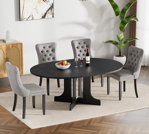 Henf 5 Piece Round Extendable Dining Table Set for 4, 43"-59" Wood Oval Expanding Kitchen Table with 4 Chairs, Space Saving Extendable Dining Room Tables with Pedestal Base (Black & Gray) Henf