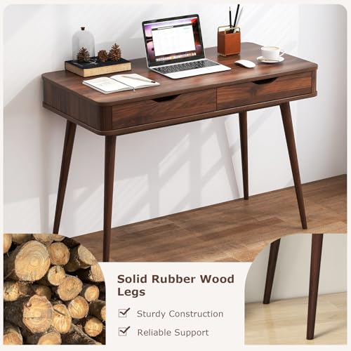 Tangkula Mid Century Desk with 2 Storage Drawers, Modern Writing Study Desk with Rubber Wood Legs, Versatile Home Office Study Desk for Small Space, Vanity Table for Bedroom (Walnut) Tangkula