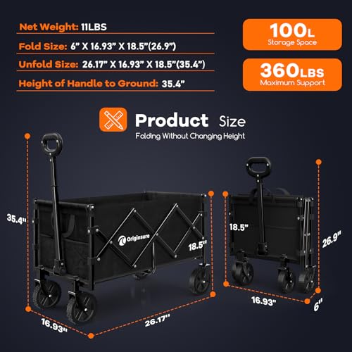 Originsure Collapsible Wagon Cart Foldable - Portable Heavy Duty Folding Beach Wagons with Wheels - Outdoor Utility Carts for Groceries, Shopping, Camping, Sports, Garden with Large Capacity - Black Originsure