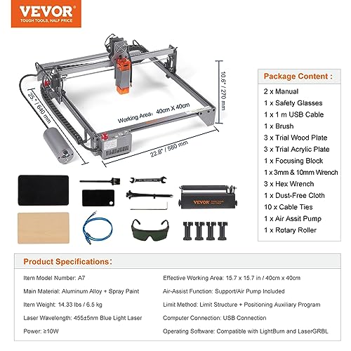 VEVOR 10W Output 10000mm/min Movement Speed, Compressed Spot with Rotary Roller, Laser Cutter for Wood, Certain Metal, Gray VEVOR