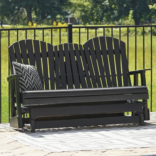 Signature Design by Ashley Hyland Wave Modern Weather Resistant HDPE Outdoor Glider Loveseat with Drop Down Table and 2 Cup Holders, Black Signature Design by Ashley