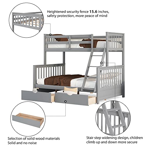 Merax Wood Bunk Bed with Drawers,Convertible Wood Bunk Bed with Ladders and Two Storage Drawers,Solid Wood Detachable Bed Frame with Ladders,Twin Over Full Size,Grey Merax
