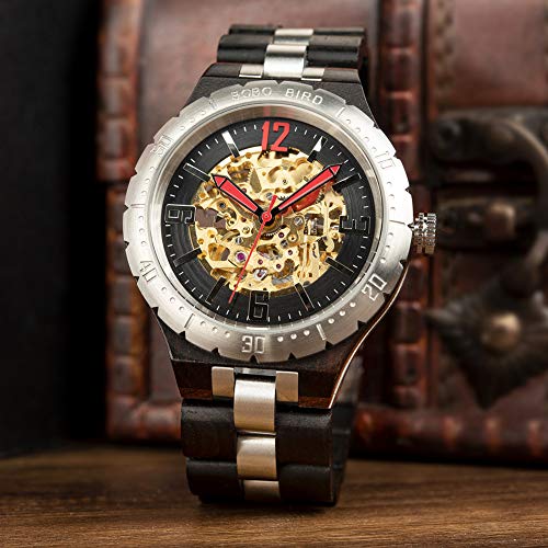 BOBO BIRD Brand Design Mens Wooden Automatic Mechanical Watches Multifunction Business Luxury Wood Watch for Men (Black) BOBO BIRD