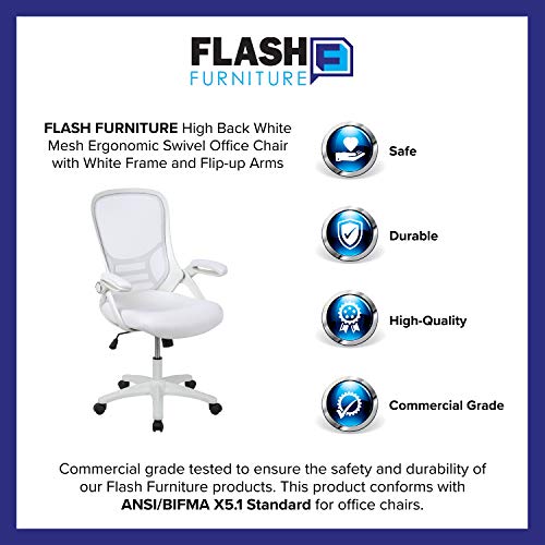 Flash Furniture Porter High-Back Swivel Office Chair with Adjustable Lumbar Support and Height, Ergonomic Mesh Desk Chair with Flip-Up Armrests, White Flash Furniture