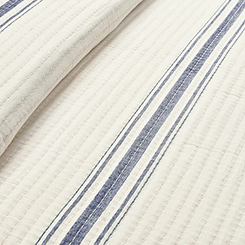 Lush Decor Farmhouse Stripe Kantha Pick Stitch Cotton Quilt/Coverlet Single Full/Queen, Navy - Striped Bedding Queen Quilt - Queen Blanket For Bed Lush Decor
