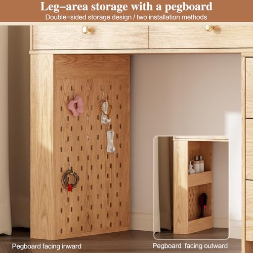 Ieejdn Large Makeup Vanity Desk with Mirror and Lights, Vanity Desk with 8 Drawers & Storage Shelves, Vanity Table with Power Outlet, 3 Color Modes & Adjustable Brightness Dressing Table, Bedroom,Oak Ieejdn