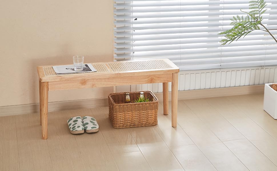 Jimenuco 40" Wooden Dining Bench with Hand Woven Rattan Seat,Solid Wood Bench for Entryway,Living Room,Kitchen and Bedroom(Nature Wood,18" H Jimenuco