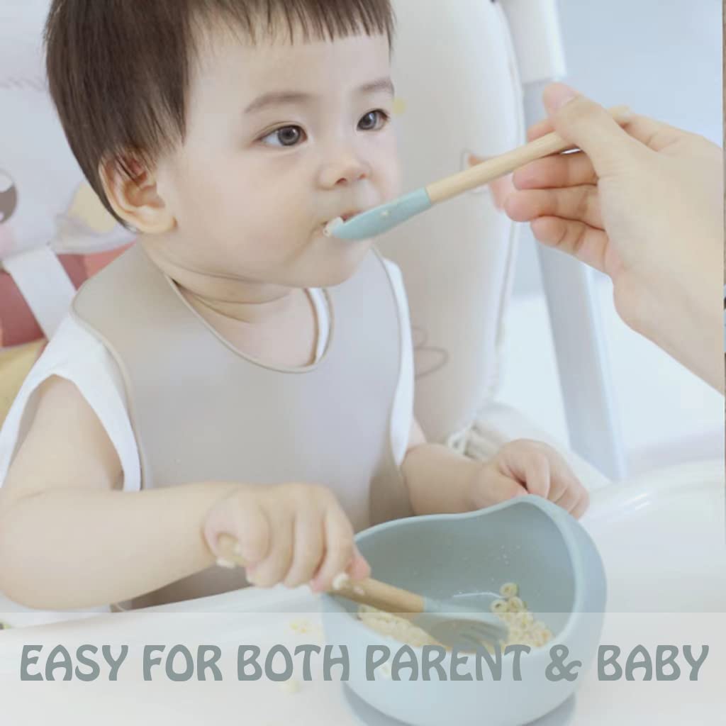 Ginbear Silicone Baby Spoon and Fork Set Self-feeding, Baby Flatware Sets, Toddler Feeding Utensils for Child 6 Months+ (Hazy Green/Almond) Ginbear