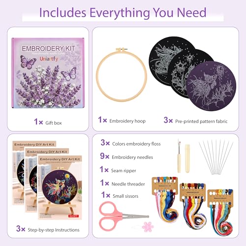 Uniartfy 3 Sets Hand Embroidery Starter Kits for Beginners Adults, Goldfish Stamped Cross Stitch Kit, DIY Needlepoint Kit with Cloth, Hoop,Threads and Instruction, Easy to Learn Embroidery Starter Kit