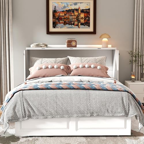 Jotirxe Full Size Murphy Bed with Storage & Charging Station, Modern Cabinet Bed with Foldable Platform, Hideaway Beds with Drawers for Small Spaces, Office, Guest Room, White Jotirxe