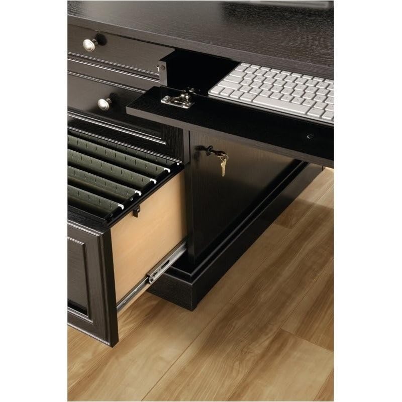 BOWERY HILL L-Shape Home Office Executive Desk with Large Drawers, Letter Size Hanging File Drawer and CPU Tower in Wind Oak Finish BOWERY HILL