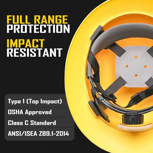 COOLJOB Full Brim Hard Hat, OSHA Construction Work Approved, HDPE Safety Helmet with 4 Point Adjustable Ratchet Suspension, Class E, G & C, Yellow COOLJOB