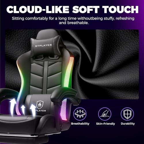 GTPLAYER RGB Gaming Chair with Footrest, Computer Gaming Chair with LED Lights for Adults, Height Adjustable PC Gamer Chair with 90-155° Recline & Removable Headrest Lumbar Support, RGB Black GTPLAYER